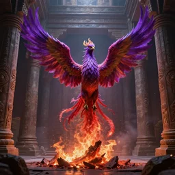 purple red phoenix rising up from the ashes in the middle of a ancient temple, fantasy, hyper - realism, digital art, unreal engine