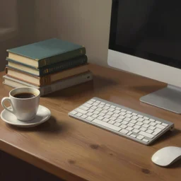 a desk, books, a cup of coffee, computer, hyper realistic style, intricate details, digital painting, dramatic cinematic lighting by phil hale