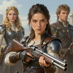 fantasy portrait of a female gunner character, holding a silver gun in a medieval world by yu cheng hong, thomas kinkade and miranda meeks, highly detailed, perfect features, sharp face focus, illustration, concept art, artstation