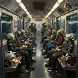 cyberpunk detail painting of subway car full of garbage with sleeping homeless aliens, deep displacement, back light, reflections, raytracing, raymarching, subsurface scattering, digital art, painted by alan lee