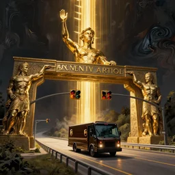 ups deliveryman drived ups truck down art deco highway, goliath statue support beams, ayn rand raised highway, filiment buld traffic lights, golden light, dark oil painting, global illumination