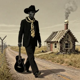 I walk 47 miles of barbed wire, I use a cobra snake for a necktie, I've got a brand new house on the roadside made of rattlesnake hide, with a smokestack chimney laid on top made out of human skulls, Bo Diddley, Afrofuturism, intimidating stare, black cowboy, black rectangular guitar, deviantart, matte painting by Margaret Brundage and Glen Orbik