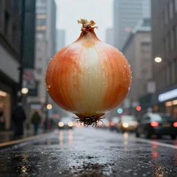 professional photograph of a massive Onion hovering above a city in the rain, reflective streets, bokeh, award winning, unsplash,