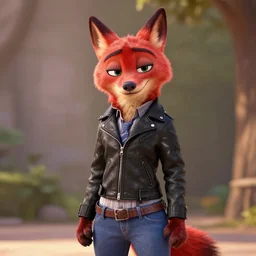 anthropomorphic red wolf female, wearing a black leather jacket and denim pants, in the style of zootopia