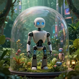 movie still frame, unhappy robot inside a dome in a futuristic city in the jungle, beautiful composition, 8 k, cgi, by ridley scott, james cameron, zack snyder and michael bay