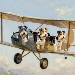 biplane flying, piloted by identical 3 dogs, dogs in open cockpits, co - pilots, toy fox terrier breed, black and white spots, panting, tin tin painting