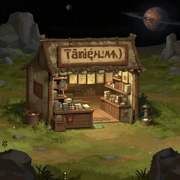 in front of a ( ( general store ) ) in a remote outpost, on an alien planet, from a space themed point and click 2 d graphic adventure game, set design inspired slightly by hg giger and [ [ [ [ tomb raider ] ] ] ], art inspired by [ [ [ [ [ [ thomas kinkade ] ] ] ] ] ] and greg rutkowski