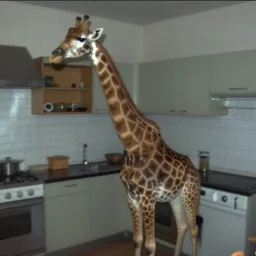 a girafe in a stalinist style kitchen, by mini dv camera, very very low quality, heavy grain, very blurry, accidental flash, webcam footage, found footage, security cam, caught on trail cam