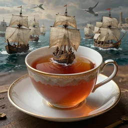 medieval naval battle in the cup of tea, extremely high detail, photo realistic, cinematic, post processed, concept art, artstation, matte painting, style by Raphael Lacoste, Eddie Mendoza