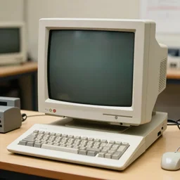 color digital photo of a personal - computer designed in the 1 9 7 0 s, in a workshop. it has dual crt monitors, a magnetic - tape reader, a pen tablet, and a mechanical keyboard. the monitors are displaying a colorful gui. cassette futurism ; retrofuturism.