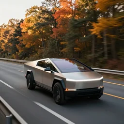 a tesla cybertruck drives on a highway surrounded by trees in autumn, advertizement photography