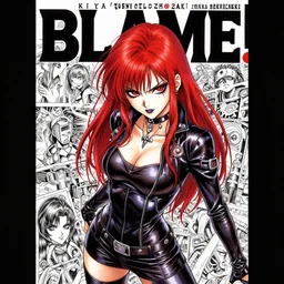 highly detailed professional 9 0 s seinen manga cover art of goth woman with red hair, red eyes, leather clothes, black makeup. chunibyo. horror cyberpunk action manga cover promotional art. detailed and intricate environment. pencils by ilya kuvshinov and painted by zdzislaw beksinski, inked by tsutomu nihei. blame! the manga
