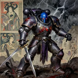 composition of gothic and futuristic, warhammer, cyber armor, activity with fight on swords, blood, scars, thunderstorm, blue head, fire eyes, some red and purple, the middle ages, highly detailed, artstation, in the style of moebius, jugendstil and classic japanese print, art by rene magritte