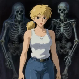 portrait of a woman being stalked by ghostly skeleton, blonde ponytail, tank top, jeans, horror, film still, finely detailed features, baroque, digital painting, studio ghibli, tankobon, painted by ilya kuvshinov and krenz cushart