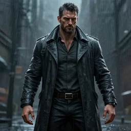 realistic gritty digital painting of a powerful modern man in the rain, unreal engine