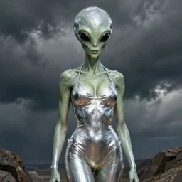 beautiful Whitley Streiber Roswell grey alien extraterrestrial species female babe in a tight fitting silver metallic bikini spacesuit, , big silver head, green skinned, big black almond shaped alien eyes by Mort Kunstler and Gil Elvgren
