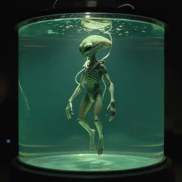 a weird humanoid alien creature is suspended in a tank of dense liquid, tubes connecting to its body, back lit, green glow, 35mm film photography