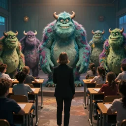 Award-winning photograph of a teacher standing in front of a class of literal monsters, dramatic lighting, cinematic, 8k