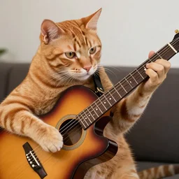 an orange tabby playing guitar