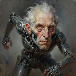 highly detailed expressionist oil painting, portrait of old apocalyptic scientist character with biomechanical implants, fantasy character portrait, dynamic pose, top lighting, realistic shaded, loose brush strokes, perfect face, 8 k realistic, digital painting,, hyper detailed eyes, top lighting, art by sam spratt and peter mohrbacher and james jean