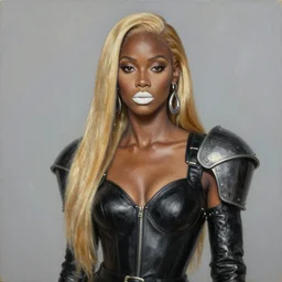 cold warrior portrait, mulatto,, beautiful face, beautiful features, white lips, long golden hair, black closed leather dress, leather armor, iron armor, earrings clothing alexander mcqueen, very beautiful style, realism, oil, painting, edgard mcsons,