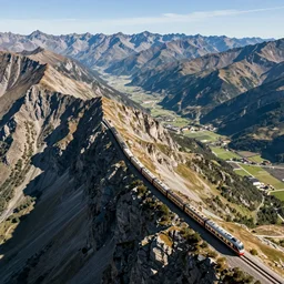 a stunning aerial shot of beautiful mountains towering over a vast landscape, with a train from the 8 0 s tearing through the fabric of the universe, digital art, realistic, 4 k wallpaper