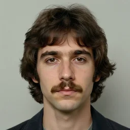 A mugshot portrait of a man who looks like Jerma985 with short length wavy hair and a slightly receded hairline and bangs, has a mustache and wearing mid 1980s menswear in the late 1980s, taken in the late 1980s, grainy, realistic, hyperrealistic, very realistic, highly detailed, very detailed, extremely detailed, detailed, trending on artstation, front facing, front view, headshot and bodyshot, detailed face, very detailed face