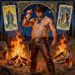 a dramatic, epic, ethereal painting of a handsome thicc mischievous shirtless cowboy with a beer belly wearing leather pants and cowboy hat holding a whiskey bottle | background is a late night campfire with food and jugs of whisky | homoerotic | fire, flames, stars, tarot card, art deco, art nouveau, mosaic, intricate | by Mark Maggiori | trending on artstation