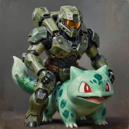 bulbasaur playing as master chief, oil on canvas, intricate, portrait, 8 k highly professionally detailed, hdr, cgsociety