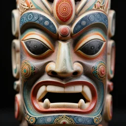 close - up symmetrical tiki mask with eyes and mouth, shaman, colorful, psychedelic, patterns, fine mandelbrot fractal lace, 1 5 0 mm, soft rim light, elegant, hyper real, depth of field, ultra detailed, octane render, hg giger, 1 6 k, black background