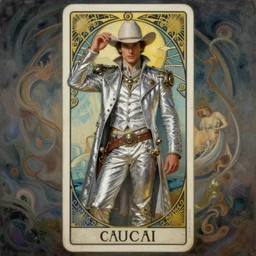 a dramatic ethereal epic symmetrical painting of a !!handsome!! cowboy in a silver outfit | tarot card, art deco, art nouveau,  (steampunk), homoerotic, realistic | by Dresden Codak, by Mark Maggiori and ((((Alphonse Mucha))) | trending on artstation
