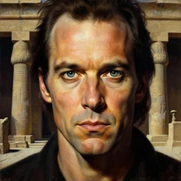 a closer personal portrait of ted bundy with very piercing eyes, very charismatic. in the old ancient temple of luxor. masterpiece, dark. painted by norman rockwell and james gurney