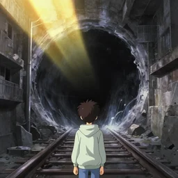 anime movie scene, mamoru oshii, otomo, ultra wide, vanishing point, hoody explorer, black hole, dark train tunnel entrance, waterfall, sun beam, paper texture, brutalist, golden ratio
