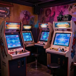 retro arcade filled with satanic arcade cabinets, Canon eos, 8k hd resolution