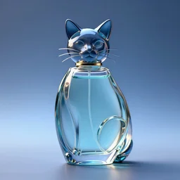 An elegantly designed perfume bottle, in the form of a cat, half filled with liquid, very detailed, high refraction, soft blue volumetric lighting, DoF narrow, octane render UHD, made by René Lalique