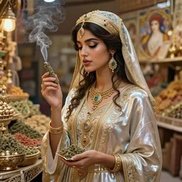 a young arabian lady smoking herbs at a desert spice market, shiny, fantasy, intricate, elegant, hyper detailed, ultra definition, photoreal, artstation, unreal engine rendered, concept art, smooth, sharp focus, illustration, art by artgerm and greg rutkowski and alphonse mucha and garis edelweiss