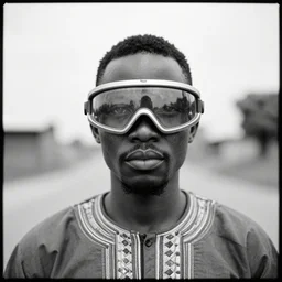 an analogue symmetrical portrait photo of an Tribal Igbo man wearing futuristic mech visor, black & white, 35mm, f/1.4,