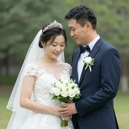 a wedding couple holding a flower