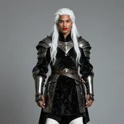 portrait of a warrior, mulatto, very beautiful face, pleasant facial features, red lips, long snow - white hair, black closed velvet dress, leather armor, iron armor, white boots, clothes alexander mcqueen very beautiful style, photorealism, bouguereau, edgard maxence