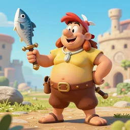 a chubby female character holding a fish like a weapon, Asterix villager style, 4K Unreal Engine render