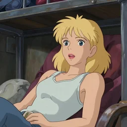 Character portrait of a tank top-clad blonde female airship mechanic resting in her cramped bunk, steampunk, beautiful face, striking eyes, highly detailed, animation cel, vibrant shading, by Studio Ghibli and Disney Animation, Artgerm