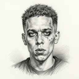caricature of tyler the creator, a drawing of a man with a scarred and grotesque face, a pencil sketch by almada negreiros, trending on deviantart, fantastic realism, pencil sketch, ink drawing, concept art, macabre, gothic