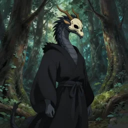 concept art painting of an anthropomorphic dragon king with black robes, a long neck, and skull mask, in a deep forest, cel shaded, in the style of makoto shinkai and james gurney and studio ghibli and moebius