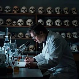 mad scientist hunched over a table in his laboratory, silhouetted by eerie light, dozens of skulls on shelves in the background, all different sizes and shapes. photographic