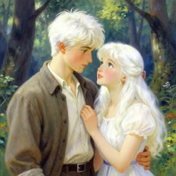 a beautiful illustration of a handsome boy and a beautiful girl both with white hair in the beautiful forest, by thomas kinkade,