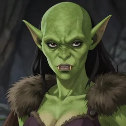 a female orc with dull fangs and olive green skin | | very anime, fur bra, fine - face, pretty face, realistic shaded perfect face, fine details. anime. realistic shaded lighting poster by ilya kuvshinov, katsuhiro otomo, greg rutkowski, magali villeneuve, artgerm, jeremy lipkin and michael garmash and rob rey