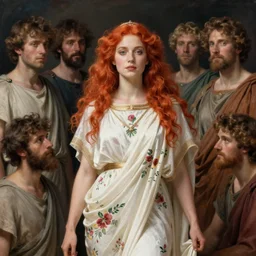 redheaded prophetess, fully clothed in white floral chiton, ancient greece, by john singer sargent and gaston bussiere and james jean and grzegorz rutkowski