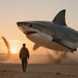 telephoto paul walker walks away next to a giant great white shark, sunset, 7 pm, desert, sunset, wind and dust blowing, movie ending, michael bay