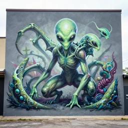 alien reptilians from the 4 th dimension as graffiti mural by lee, masterpiece, trending on artstation