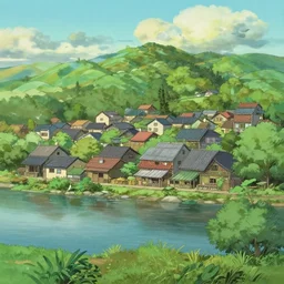 small town near a river in anime style, detailed, trending on artstation, poster color, made by studio ghibli and kazuo oga